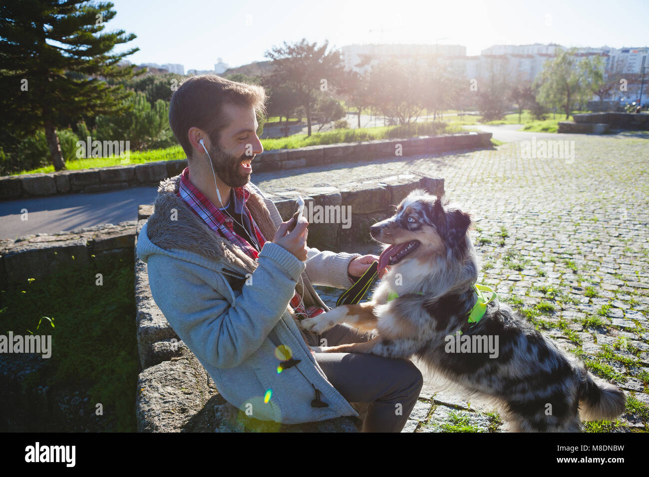 Hund mit Tatzen auf dem Schoß der Eigentümer in Park Stockfoto