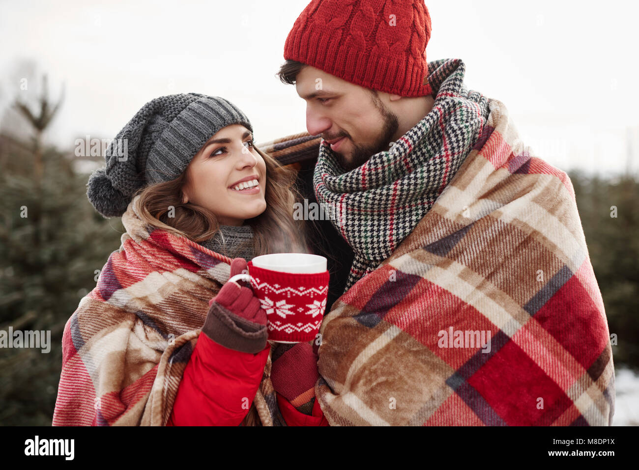 Romantische junge Paar in der Decke eingewickelt beim Einkauf für Weihnachtsbaum aus Wald Stockfoto