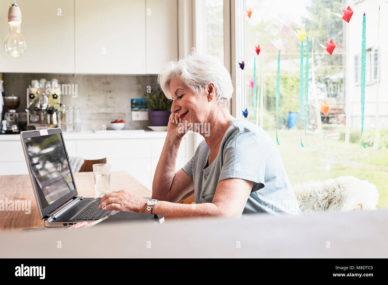 Ältere Frau am Tisch sitzend, mit Laptop Stockfoto