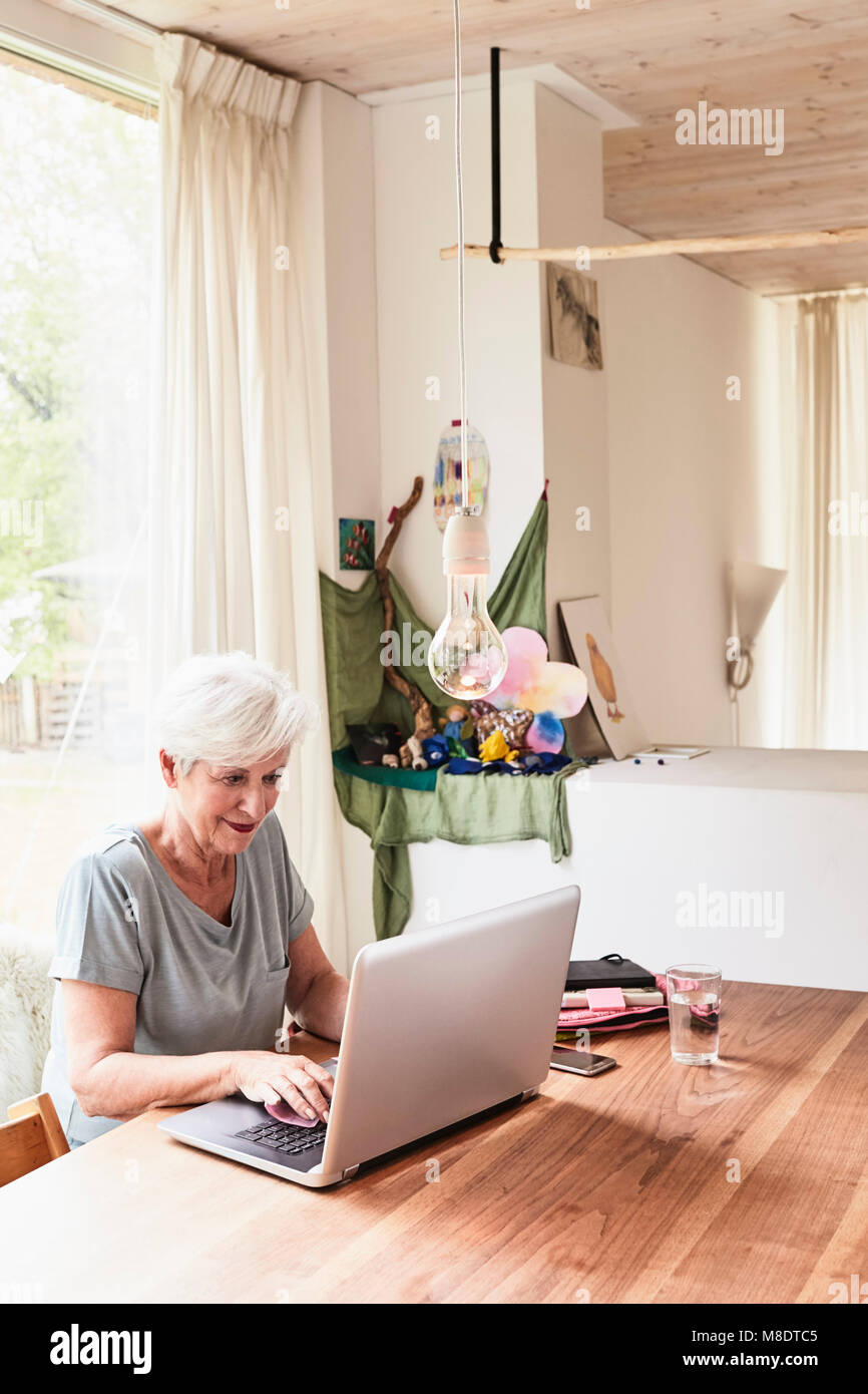 Ältere Frau am Tisch sitzend, mit Laptop Stockfoto