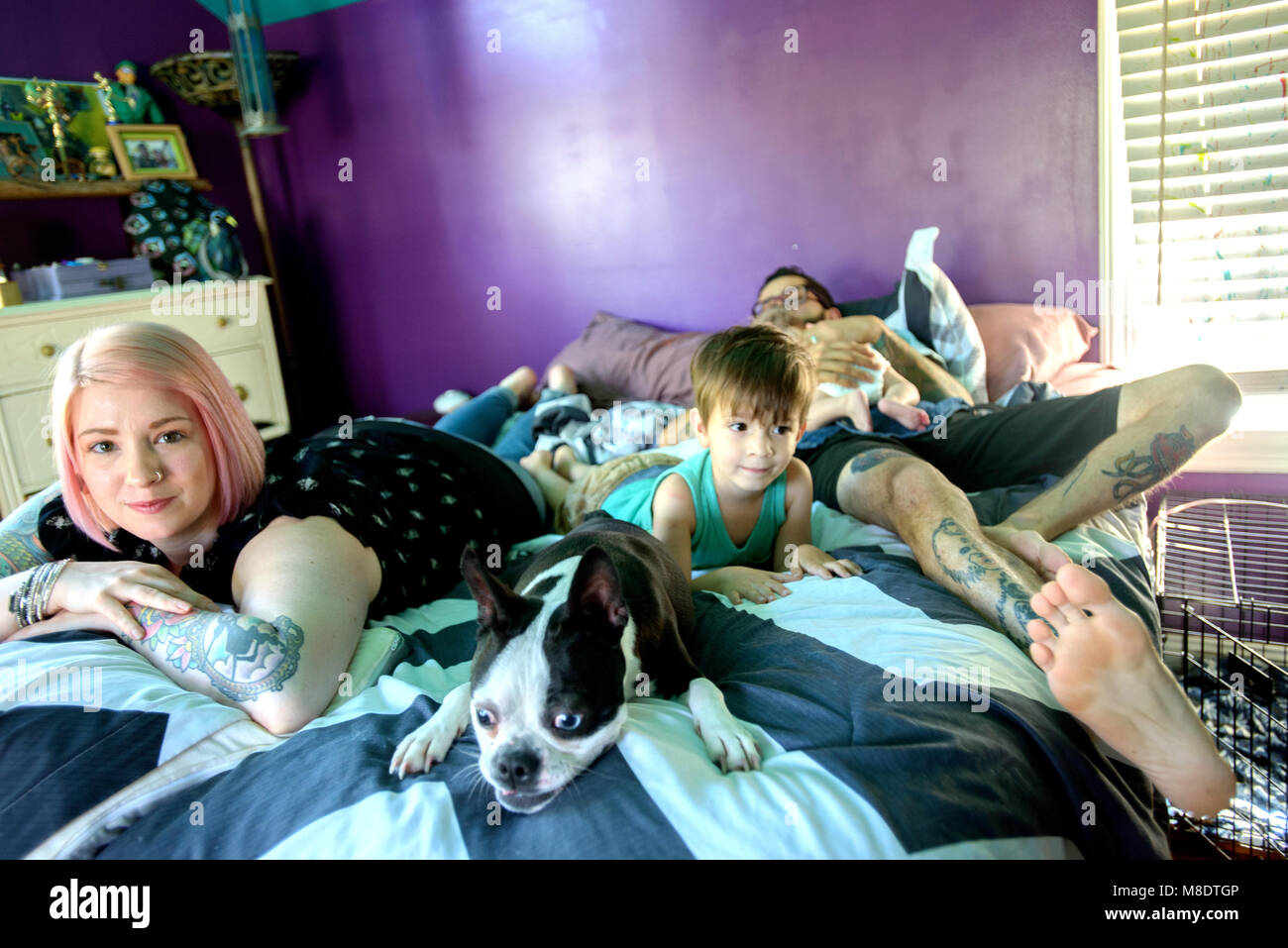 Familie und Hund auf dem Bett im Schlafzimmer Stockfoto