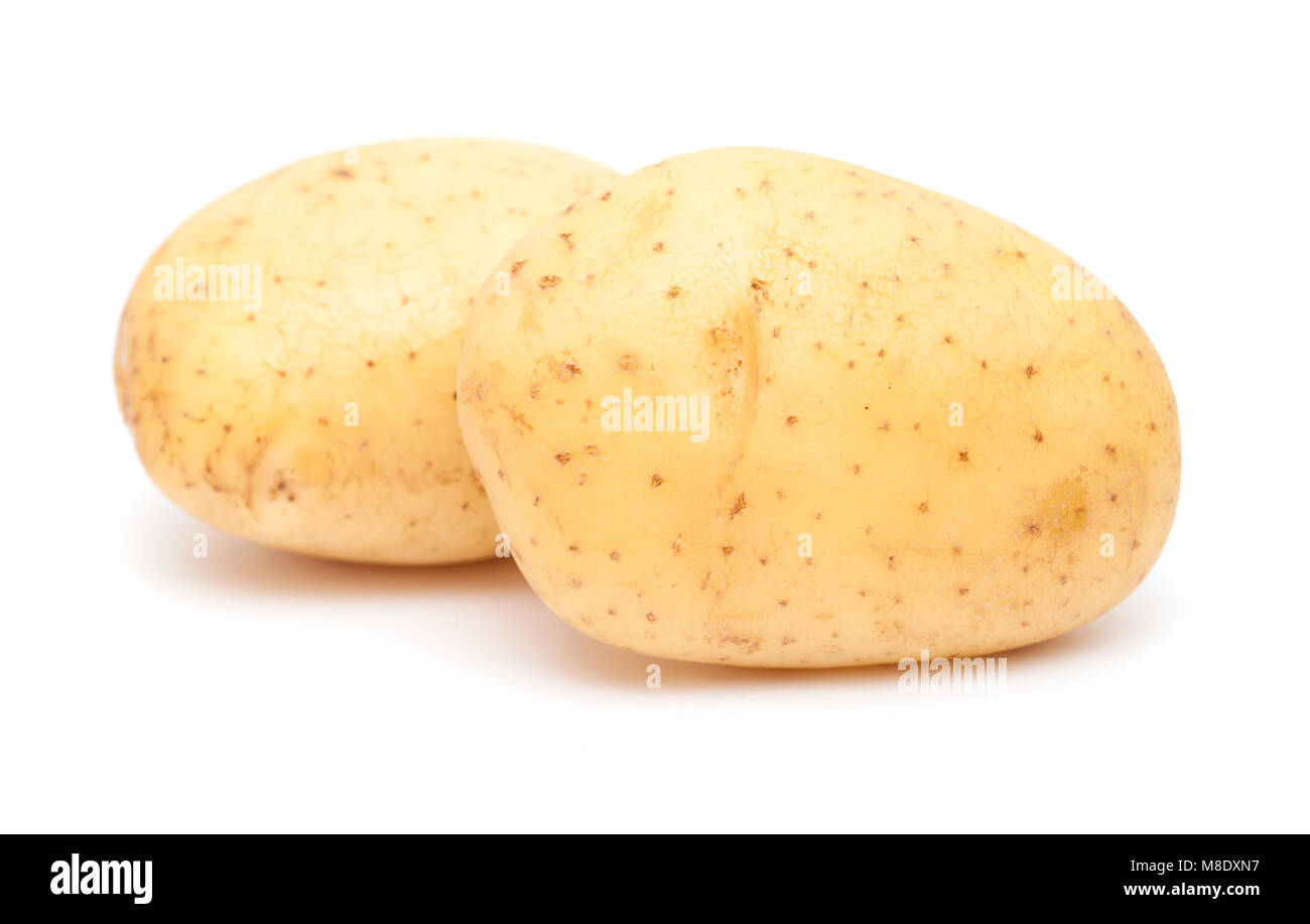 Große, saubere, weiße Kartoffeln auf weißem Hintergrund Stockfoto