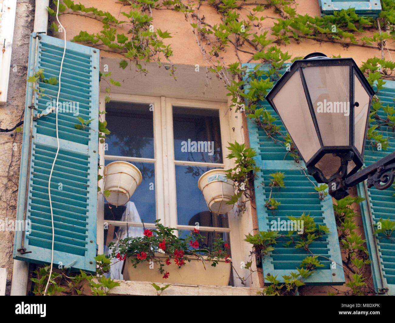 Idyllisch begrünte Fenster mit Fensterläden aus Holz, Straßenlaterne in der Altstadt von Saint Tropez, Côte d'Azur, Südfrankreich, Cote d'Azur, Frankreich, Europa Stockfoto