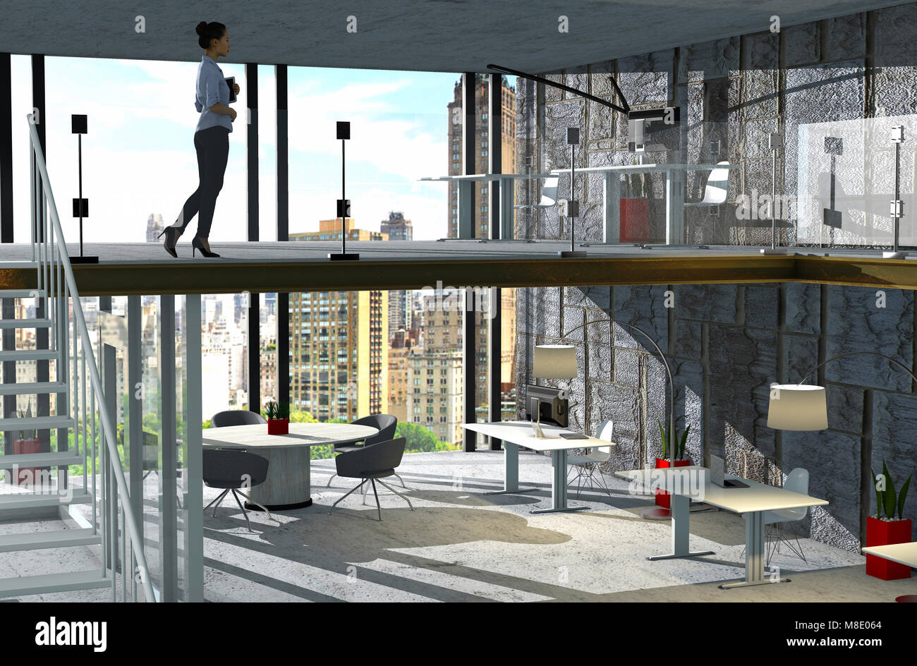 Interior Design für ein Studio, ein Büro in einem Loft in einem Wolkenkratzer. Arbeitsstationen und Blick auf den Park Stockfoto