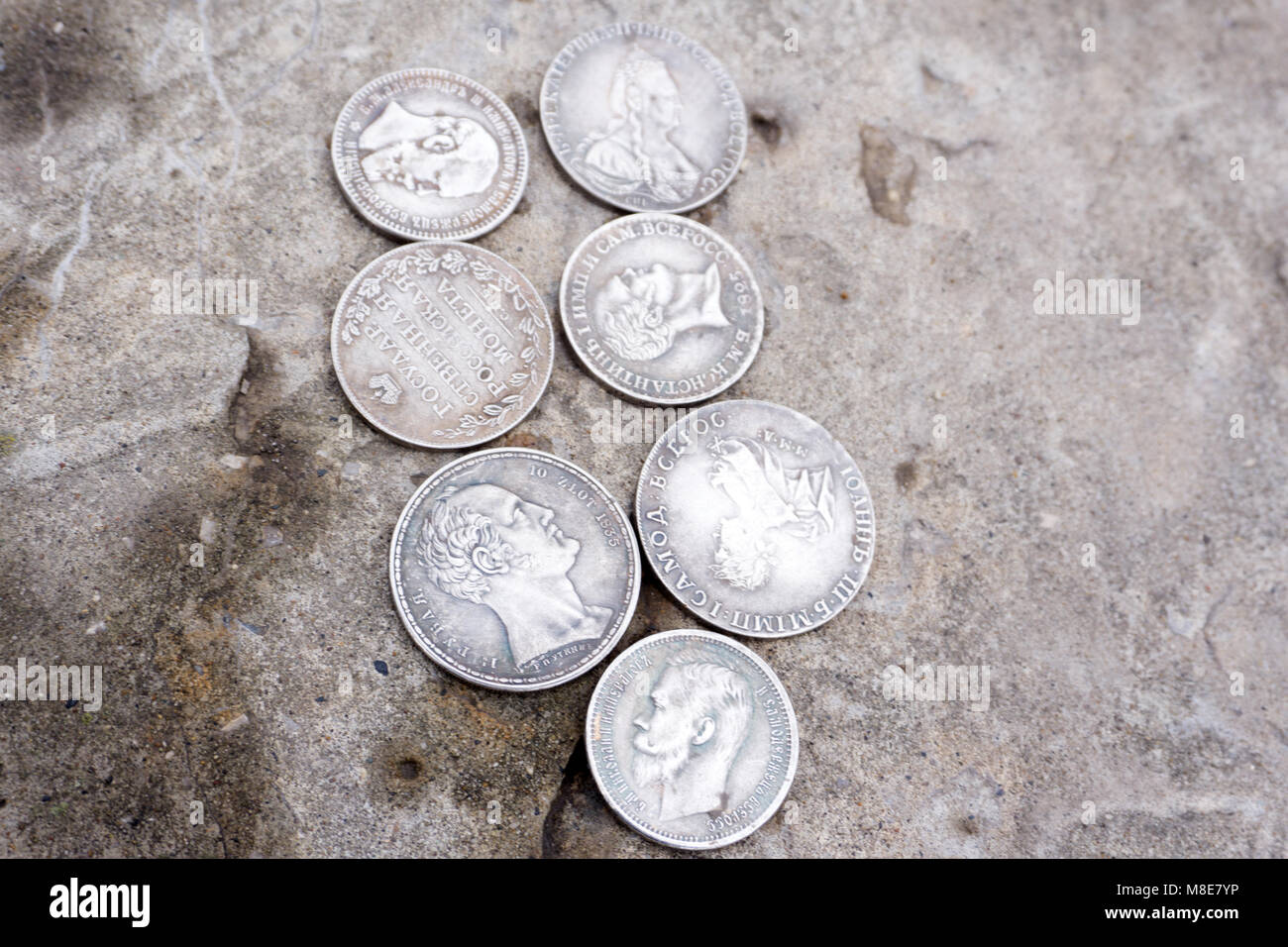 Russische Silber münze 1 Rubel mit einem Porträt des letzten russischen Zaren Nikolaus II. Stockfoto