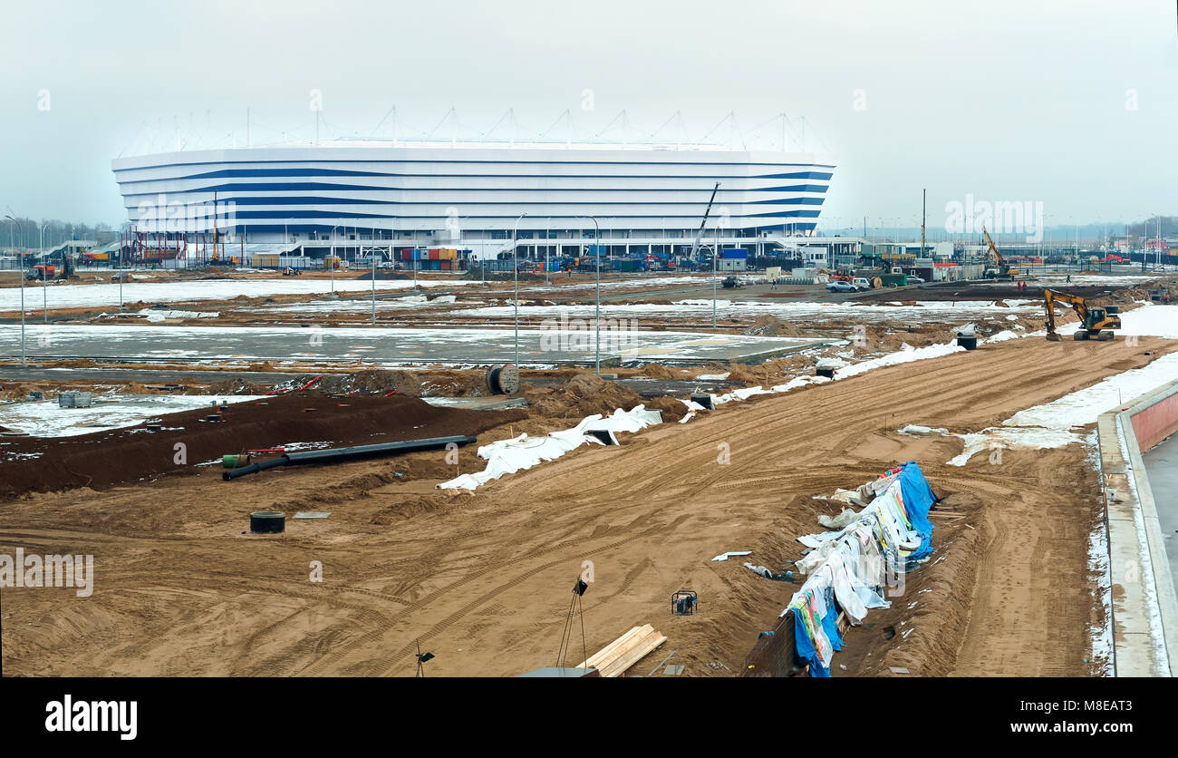 Sportstätte, Sport Bau, Fußball Stadion winter schnee, Russland, Kaliningrad, Februar 2018, World Cup Stockfoto