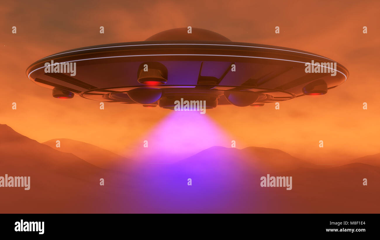 Ein UFO schwebt über dem Mars Landschaft (3D-Rendering) Stockfoto