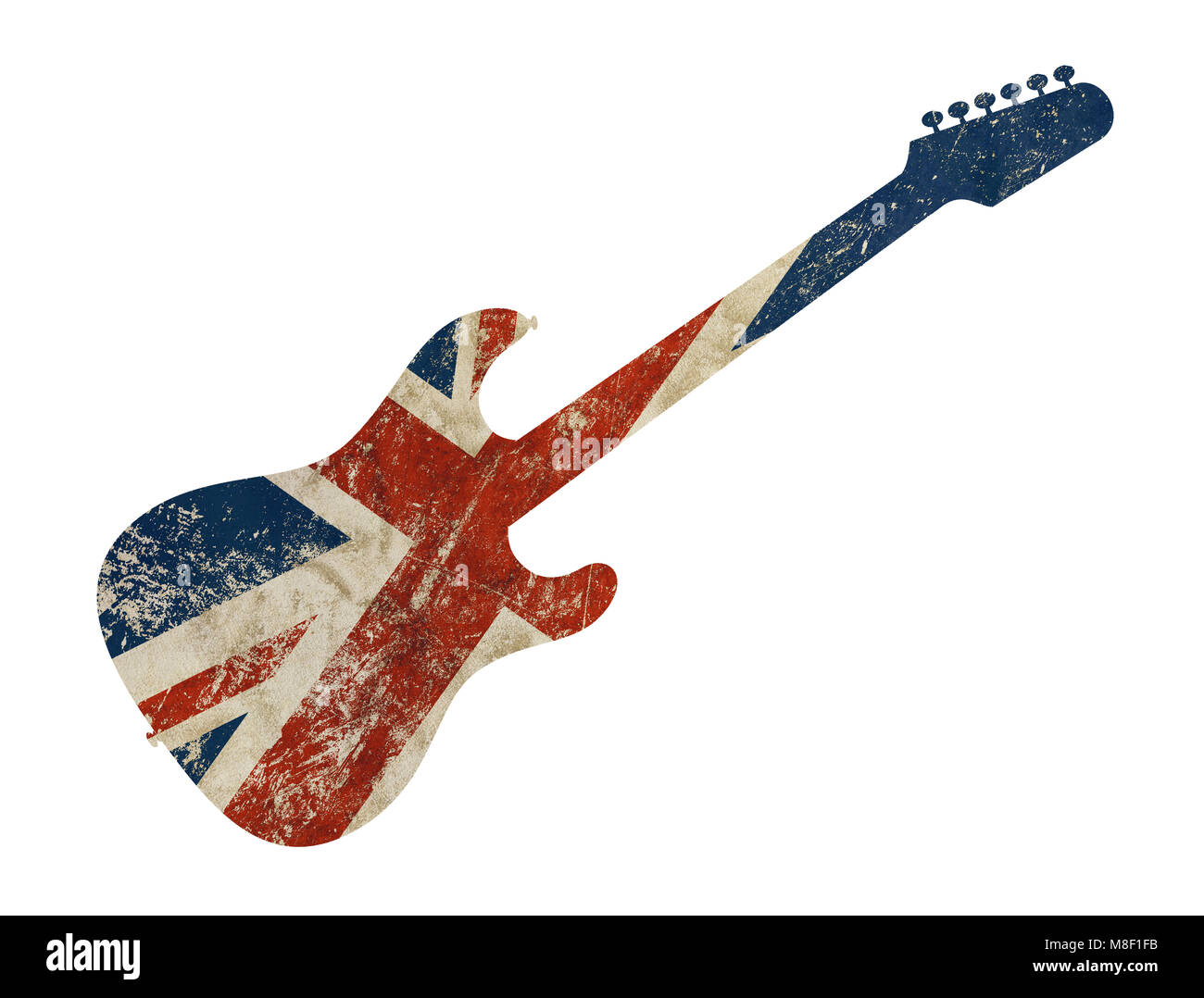 Eine Gitarre geformt alten grunge Vintage schmutzig verblichene schäbige distressed UK Großbritannien Nationalflagge auf weißem Hintergrund Stockfoto