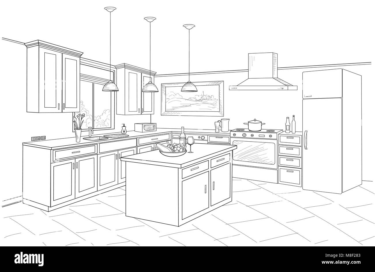 Innenraum Skizze der Küche Zimmer. Entwurf Entwurf Entwurf der Küche mit modernen Möbeln und Insel Stock Vektor