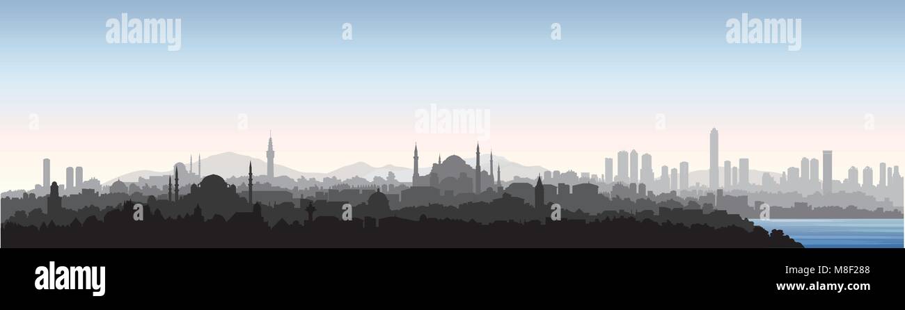 Istanbul City Skyline. Reisen Türkei Hintergrund. Urban Panoramablick. Stadtbild mit berühmten Gebäude Silhouette Stock Vektor