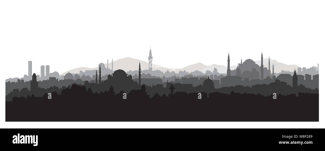 Istanbul City Skyline. Reisen Türkei Hintergrund. Urban Panoramablick. Stadtbild mit berühmten Gebäude Silhouette Stock Vektor