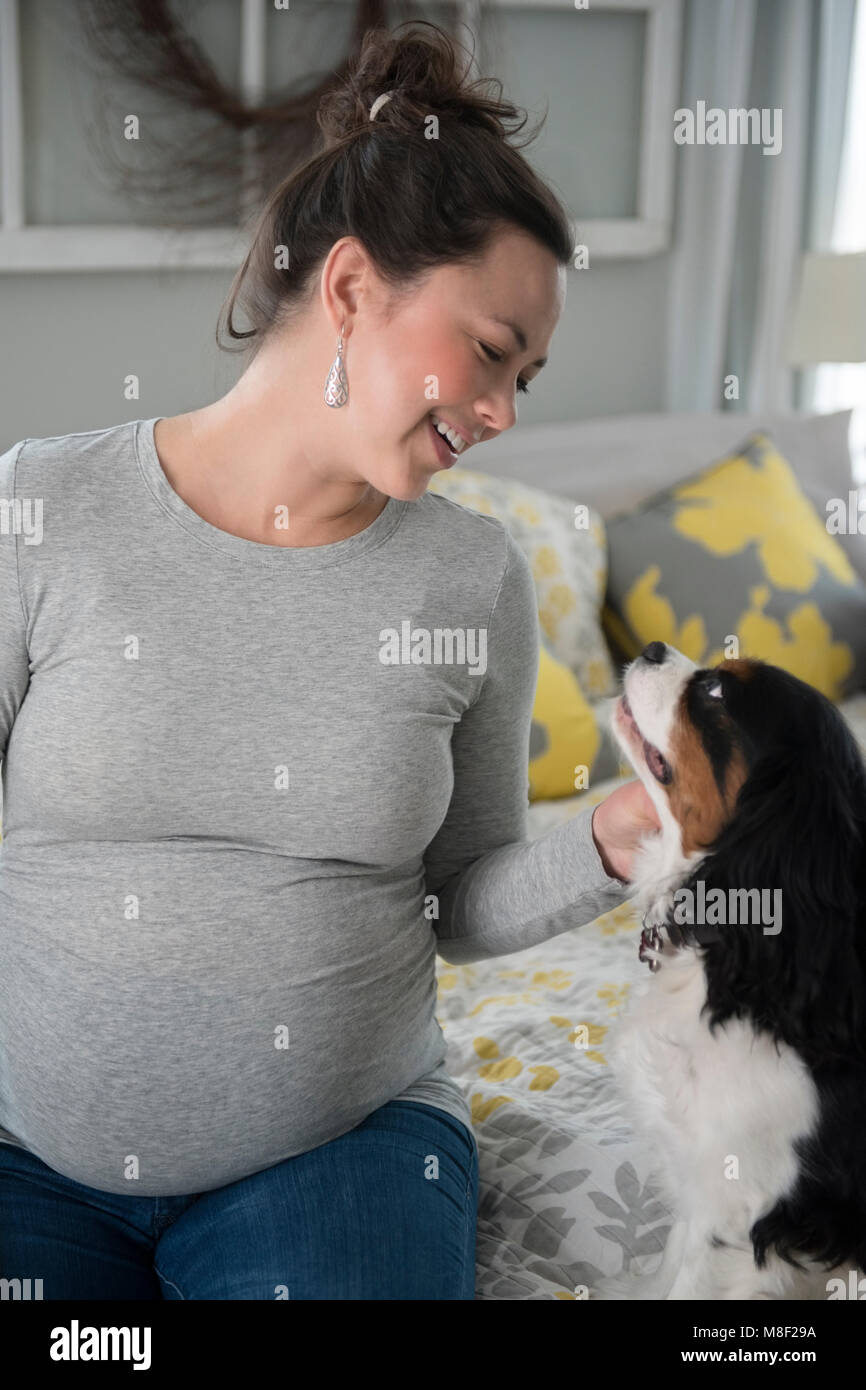 Schwangere Frau mit Hund suchen Stockfoto