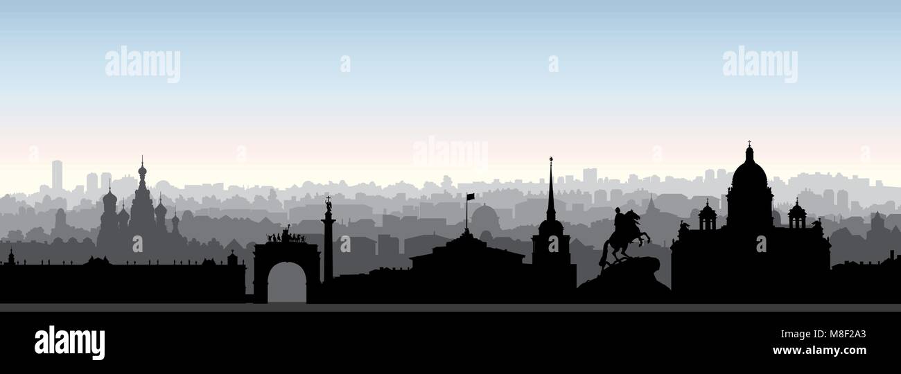 Skyline von St. Petersburg, Russland. Touristische Sehenswürdigkeiten Silhouette. Russisch in St. Petersburg, Panoramaaussicht. Reisen Hintergrund Stock Vektor