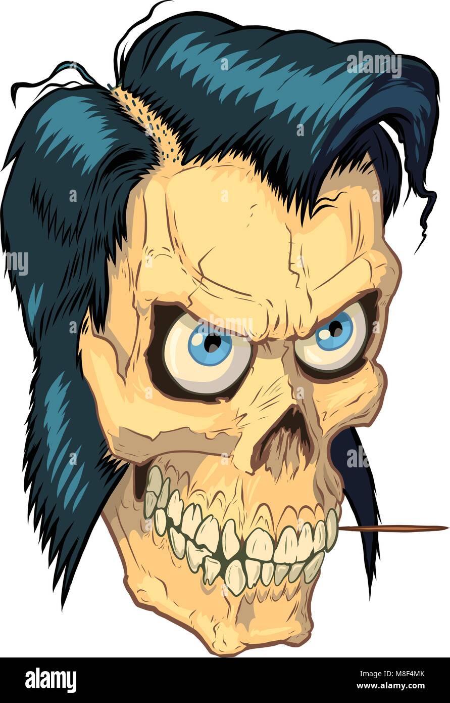 Vektor cartoon Clipart Illustration eines harten, menschlicher Schädel Maskottchen Kopf mit blauen Augen, ein Zahnstocher und ein Hipster oder schmierer Frisur Stock Vektor
