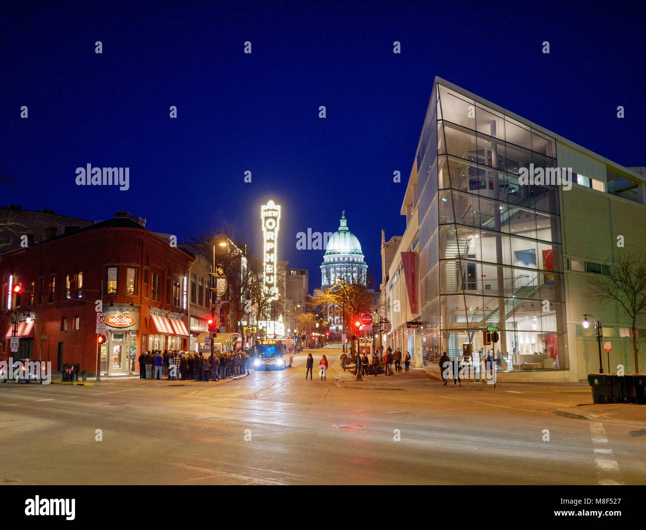 Orpheum Theater, Wisconsin State Capitol und Madison Museum für Zeitgenössische Kunst. Stockfoto
