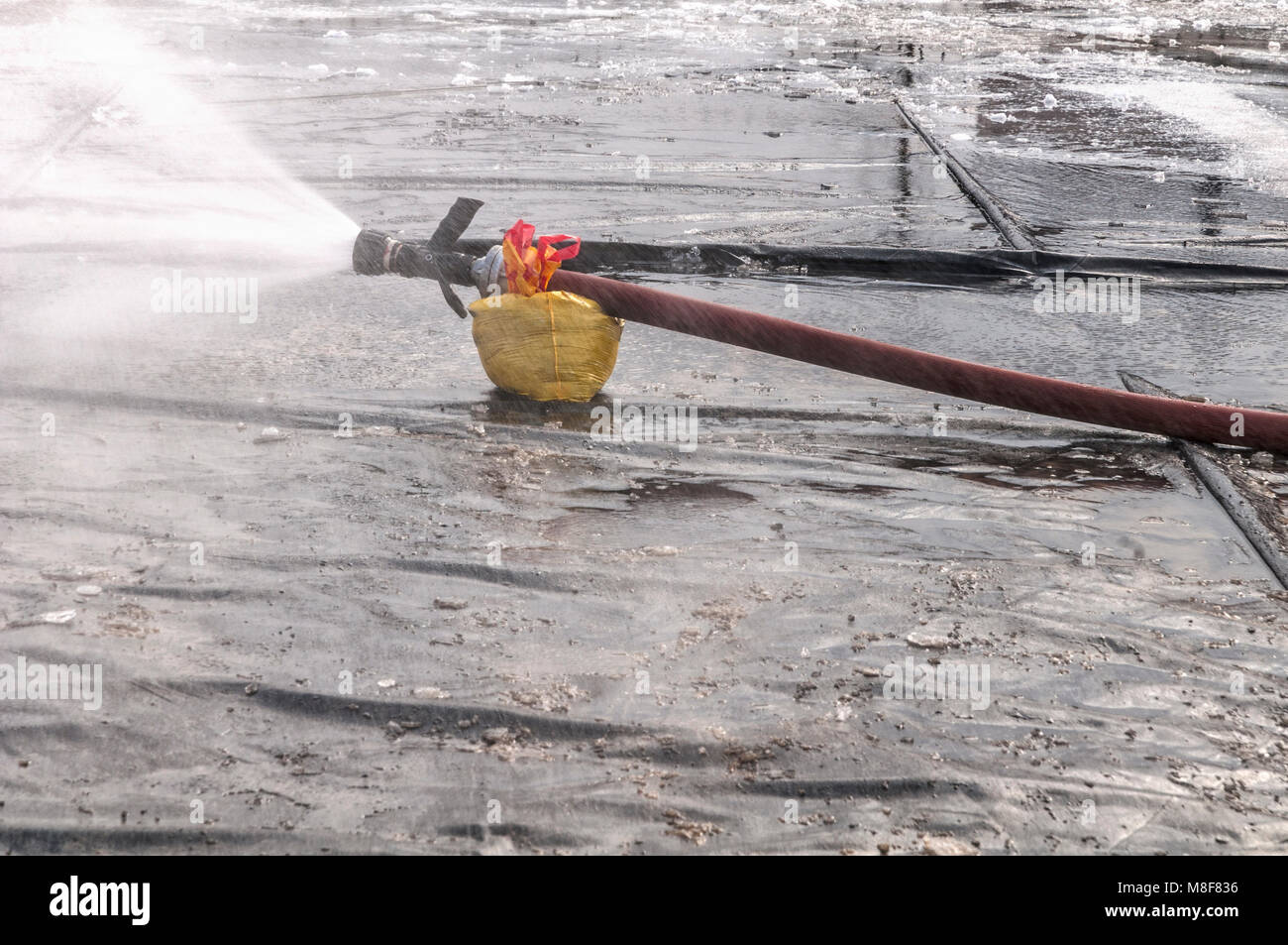 Schlauch ruht auf einem gelben Sack sprays Water Spray über eine Eislaufbahn Stockfoto