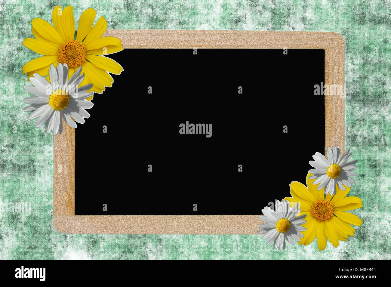 Tafel Mit Schwarzer Oberflache Auf Grunem Hintergrund Und Rahmen Mit Ganseblumchen Stockfotografie Alamy