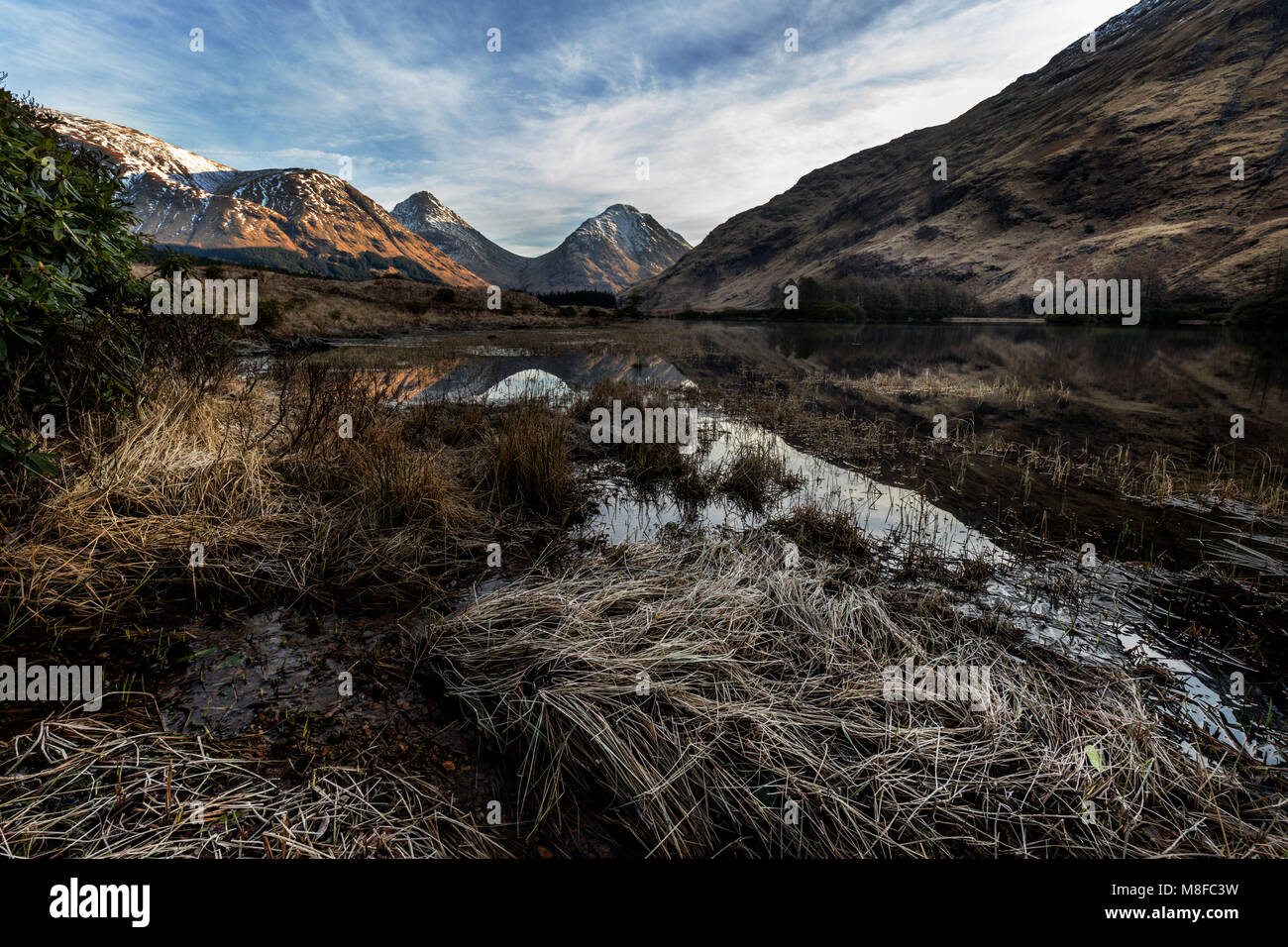 Reflexionen an Lochan Urr an einem klaren kalten sonnigen Frühlingstag, Glen Etive, Scottish Highlands, Großbritannien, Schottland Stockfoto