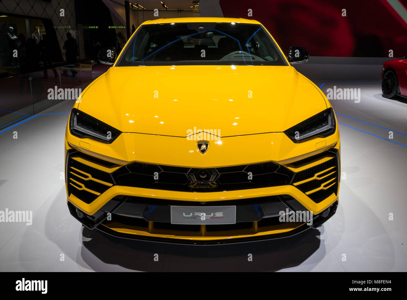 Genf, Schweiz - 7. MÄRZ 2018: Neue Lamborghini Urus SUV-Auto auf dem 88. Internationalen Automobilsalon in Genf präsentiert. Stockfoto
