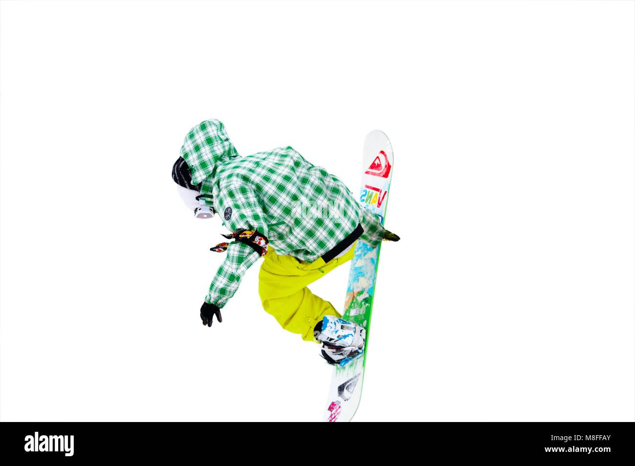 Snowboarder isoliert auf weißem Hintergrund Stockfoto