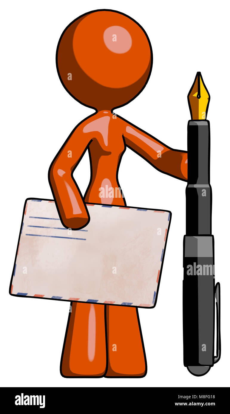 Orange design Maskottchen Frau mit großen Umschlag und Kalligraphie Stift. Stockfoto