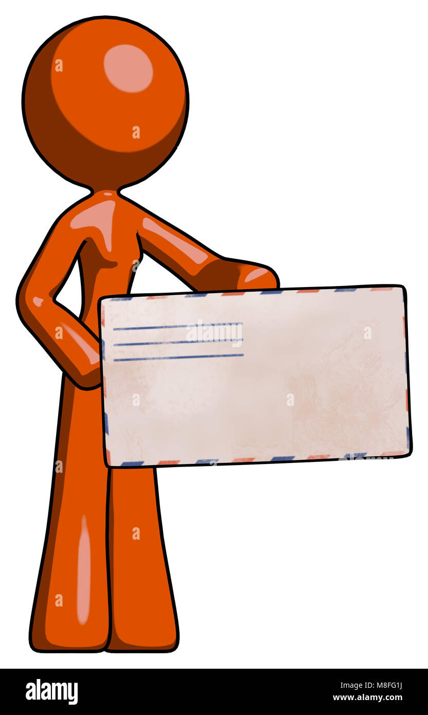 Orange design Maskottchen Frau mit großen Umschlag. Stockfoto