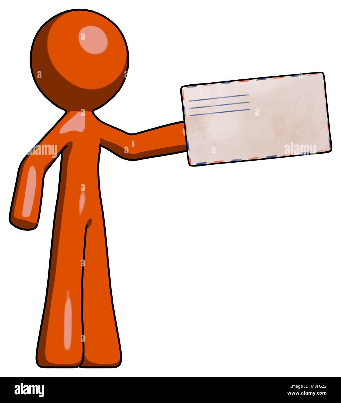 Orange design Maskottchen Mann mit großen Umschlag. Stockfoto