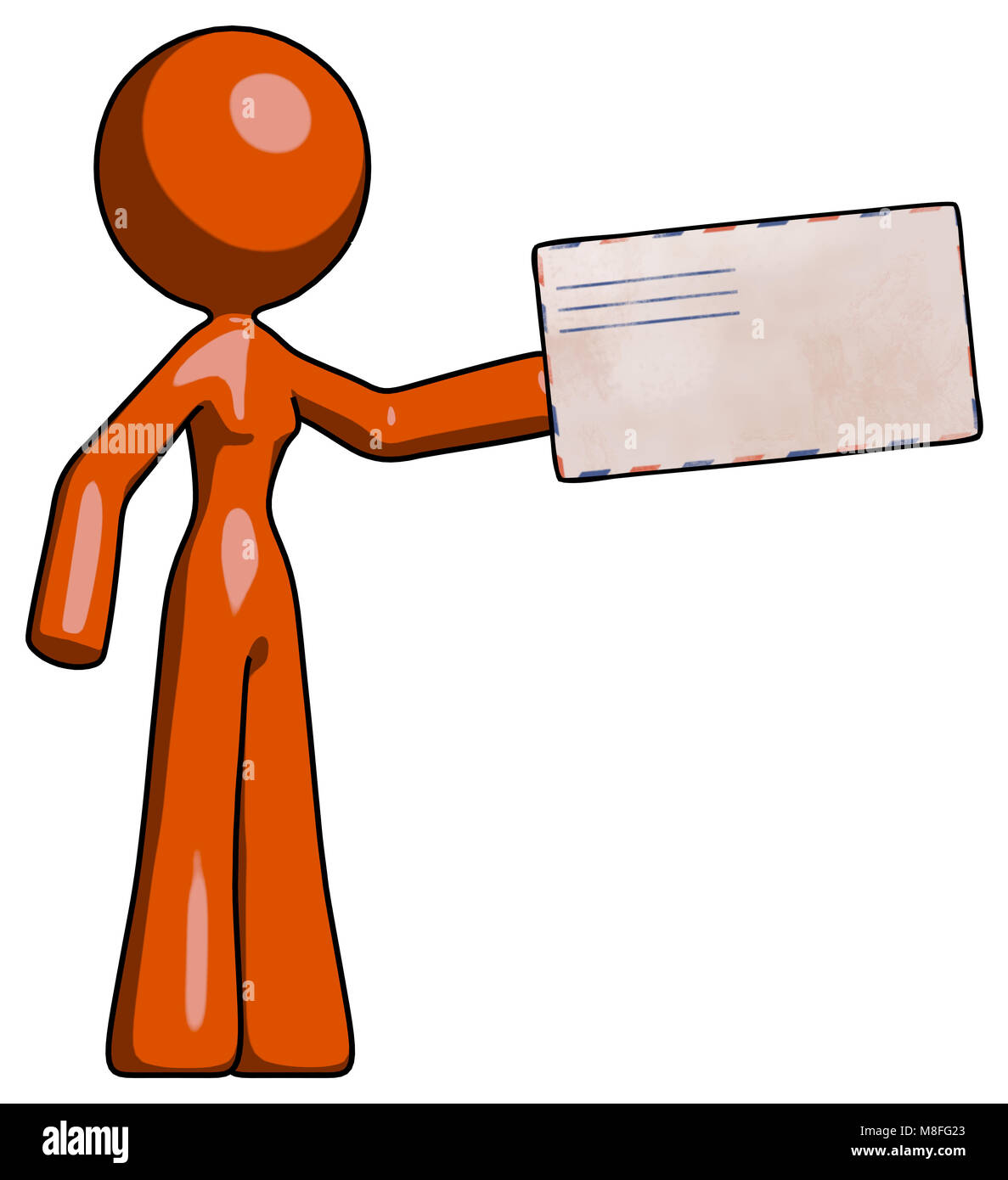 Orange design Maskottchen Frau mit großen Umschlag. Stockfoto