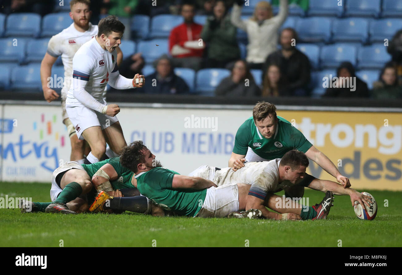 England unter 20 Ben Earl Kerben seine Seiten 7. Versuchen Sie, das Spiel gegen Irland unter 20 ist während der Natwest unter 20 Sechs Nationen Match in der Ricoh Arena in Coventry. PRESS ASSOCIATION Foto. Bild Datum: Freitag, März 16, 2018. Siehe PA Geschichte RUGBYU England U20. Photo Credit: Nigel Französisch/PA-Kabel. Beschränkungen: Nur die redaktionelle Nutzung, keine kommerzielle Nutzung ohne vorherige Zustimmung. Stockfoto