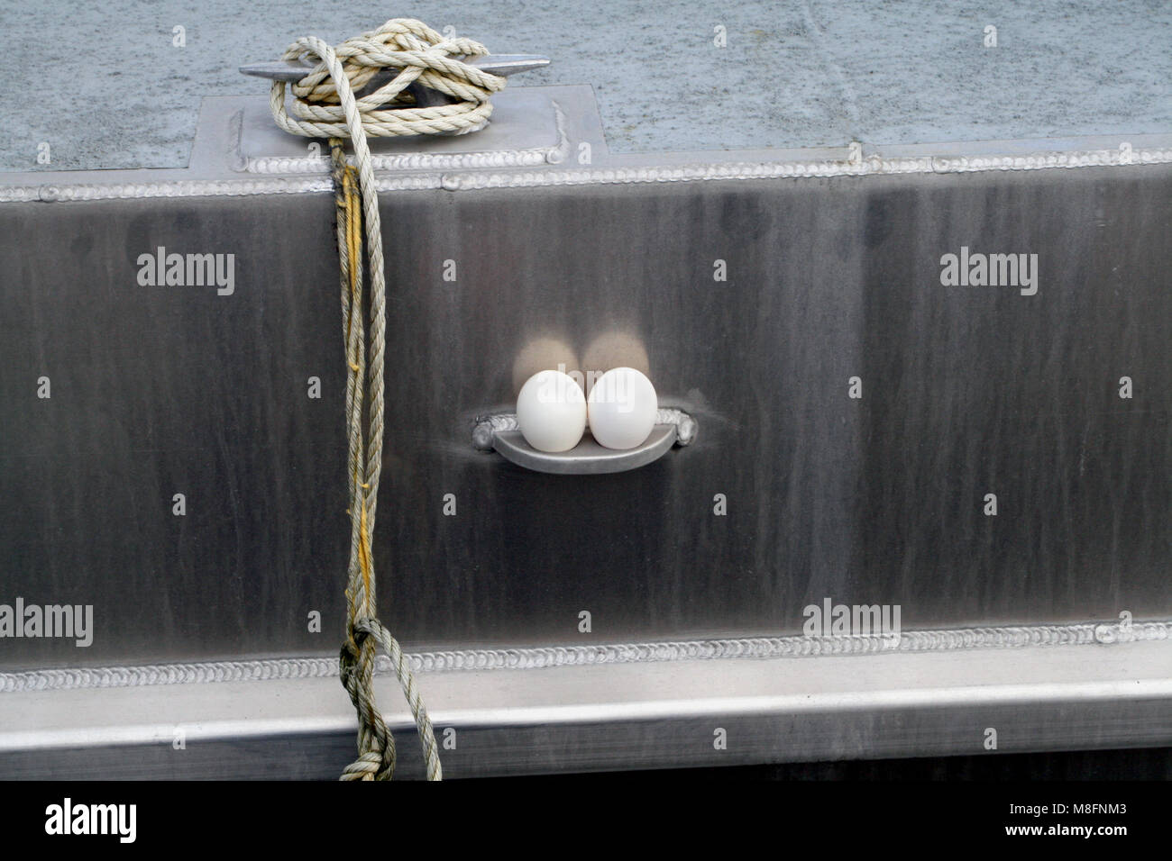 Zwei weiße Eier auf einer Seite Haken eines Fischereifahrzeugs Stockfoto