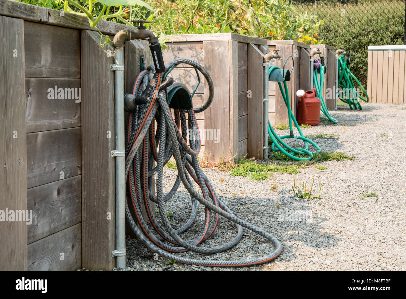 Bewässerung Stationen an einer gemeinschaftlichen Garten. Stockfoto