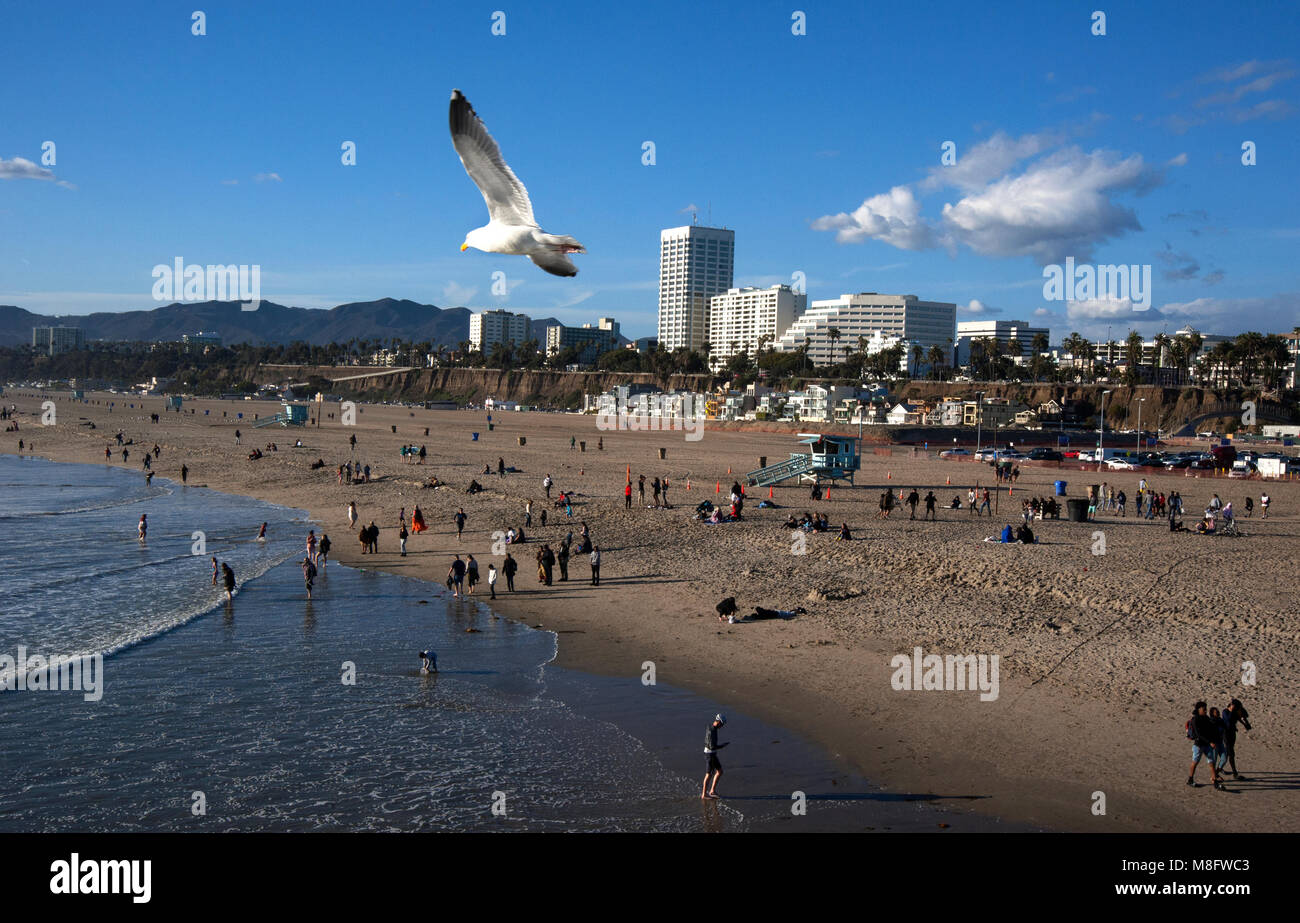 Blick auf Santa Monica Beach und Downtown vom Pier in Los Angeles, CA Stockfoto