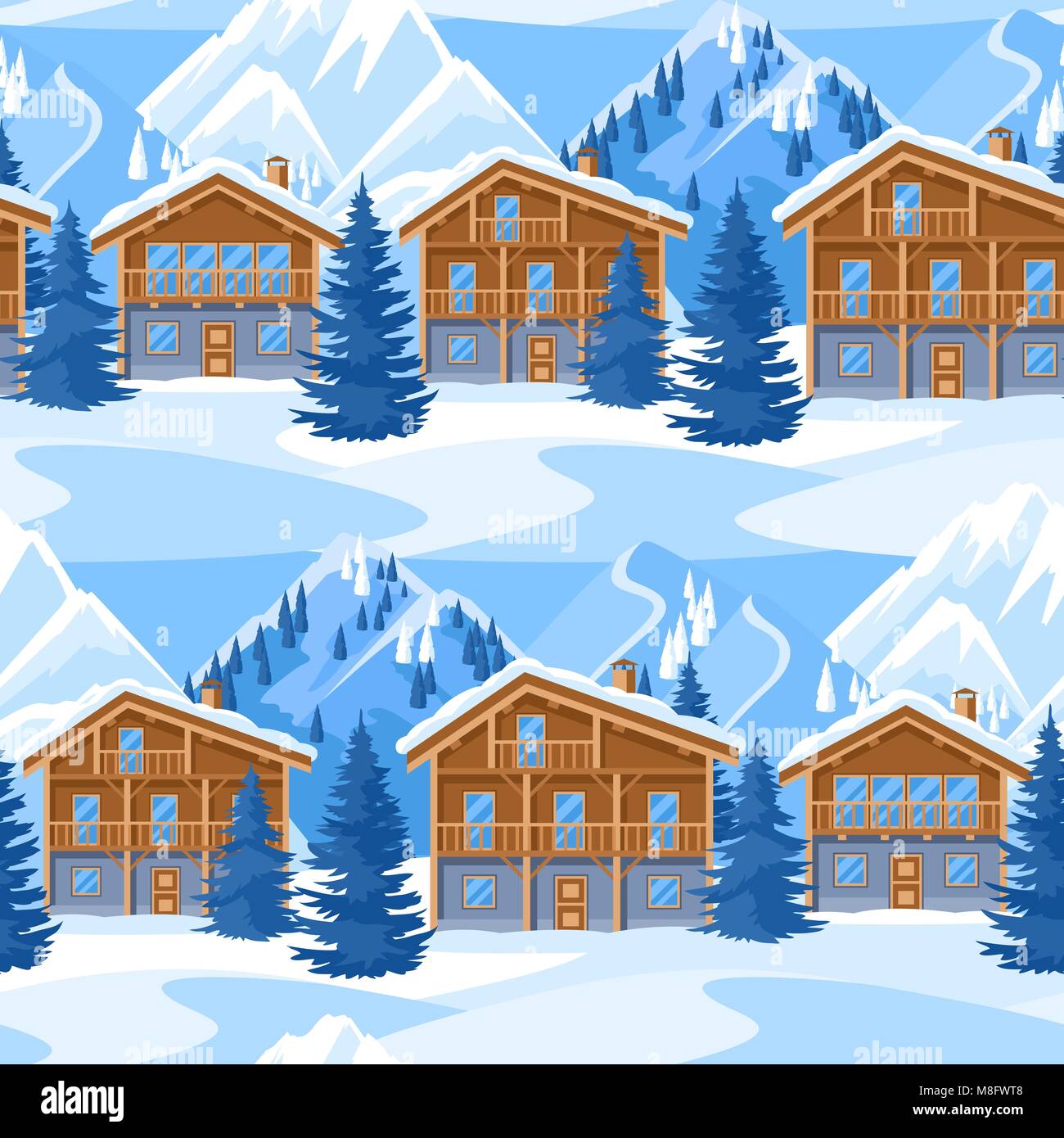 Alpine Chalet Häuser nahtlose Muster. Winter resort Landschaft mit schneebedeckten Bergen und Fichtenwald Stock Vektor