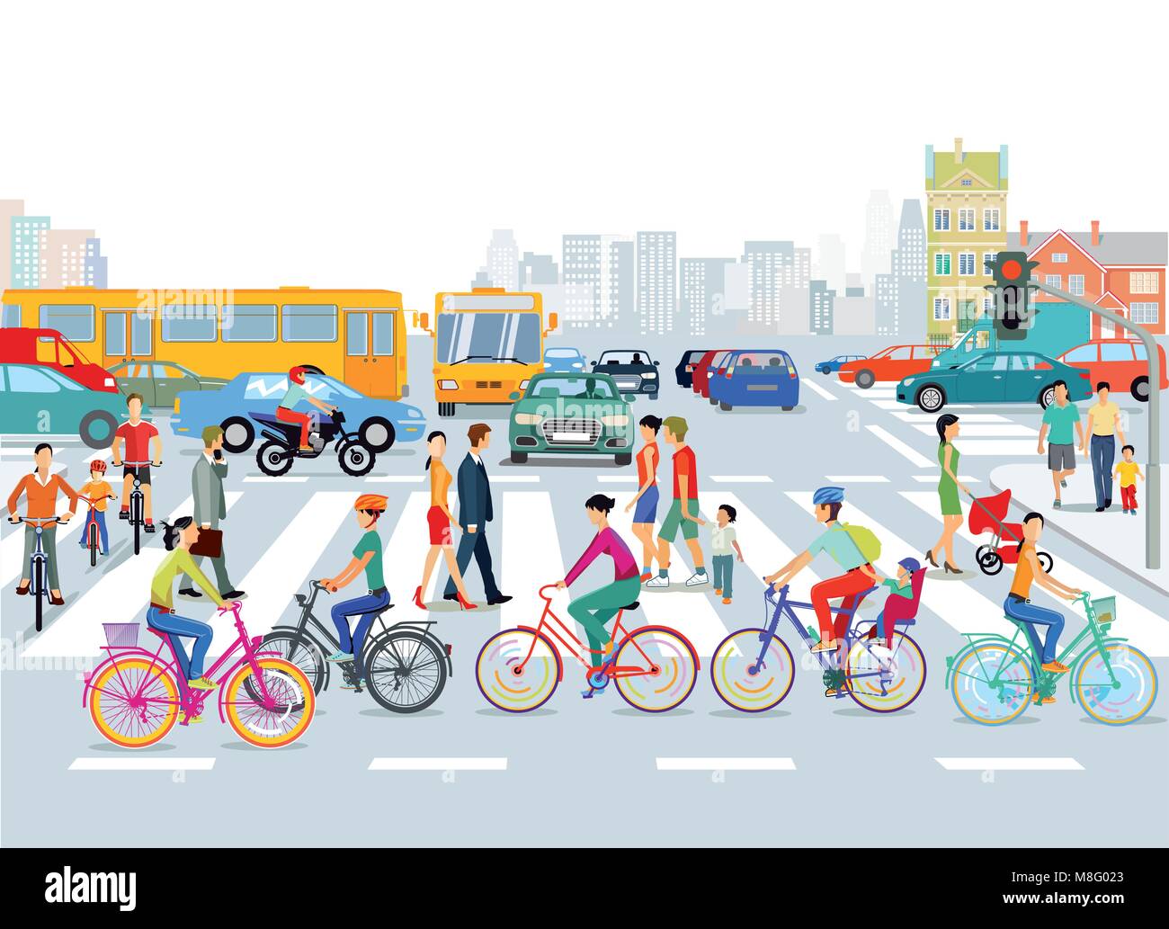Stadt mit Verkehr, Radfahrer und Fußgänger, Abbildung Stock Vektor
