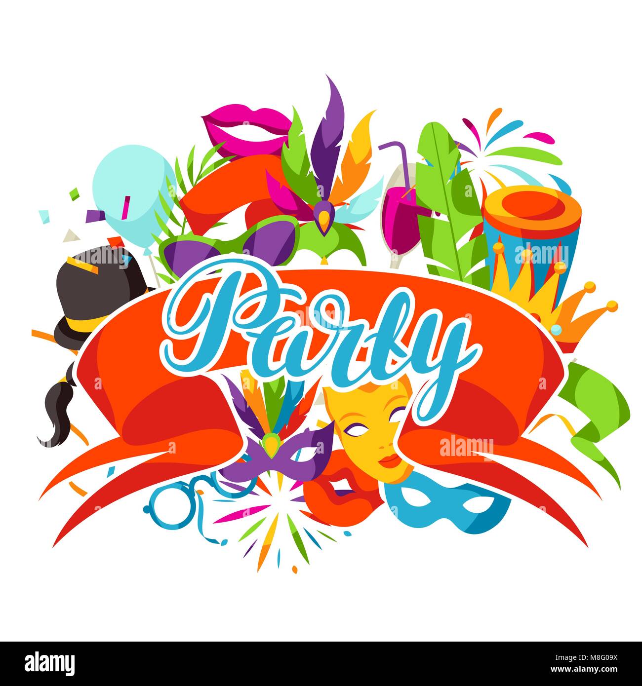 Karneval Party Hintergrund mit Feier Symbole, Objekte und Einrichtung Stock Vektor