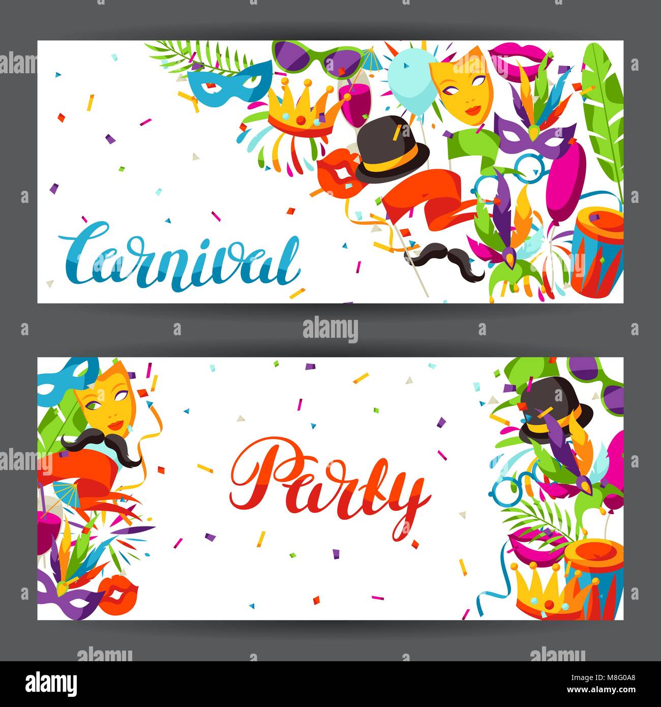 Karneval Party Banner mit Feier Symbole, Objekte und Einrichtung Stock Vektor