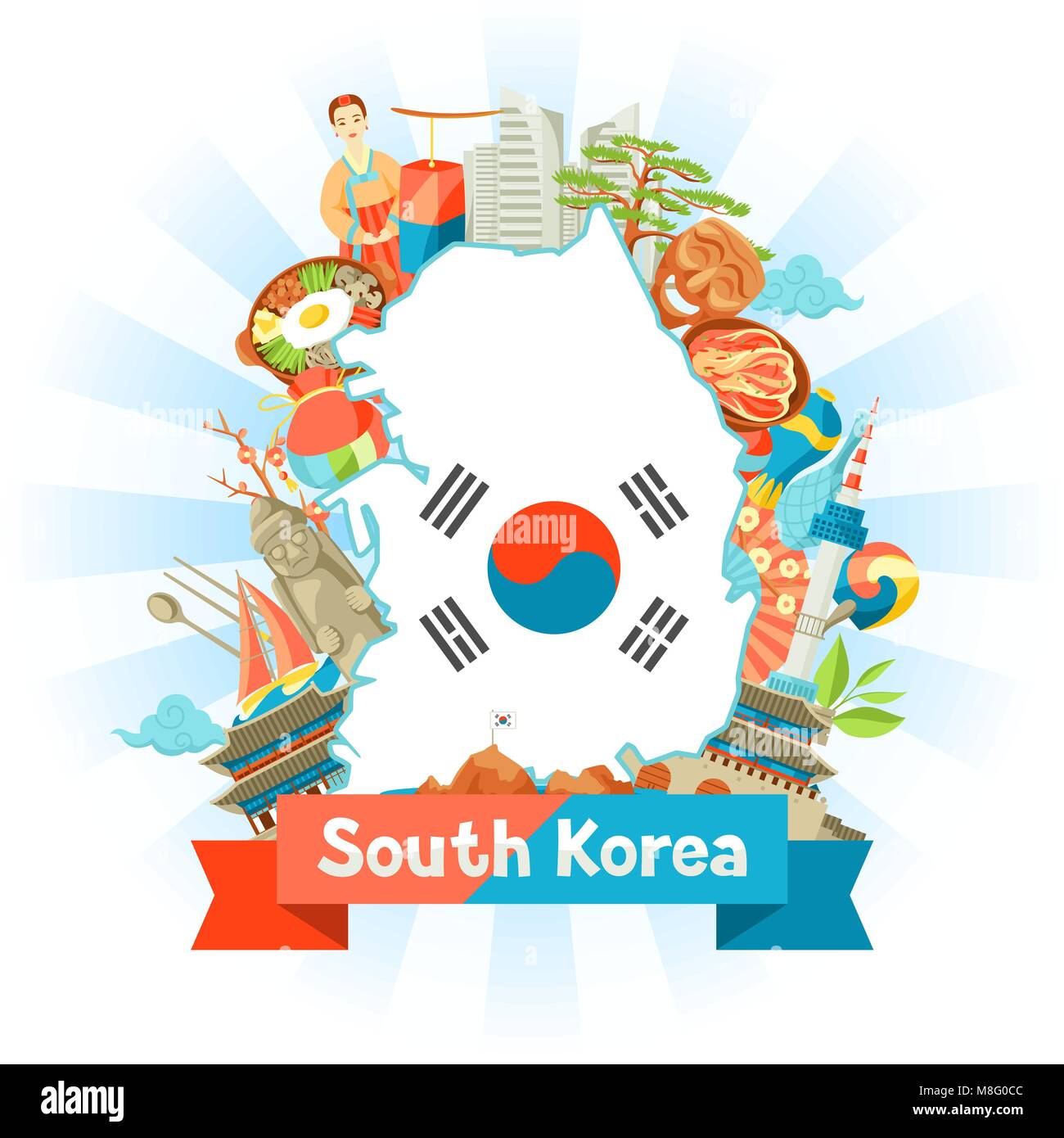 Südkorea Karte Design. Traditionelle koreanische Symbole und Objekte Stock Vektor