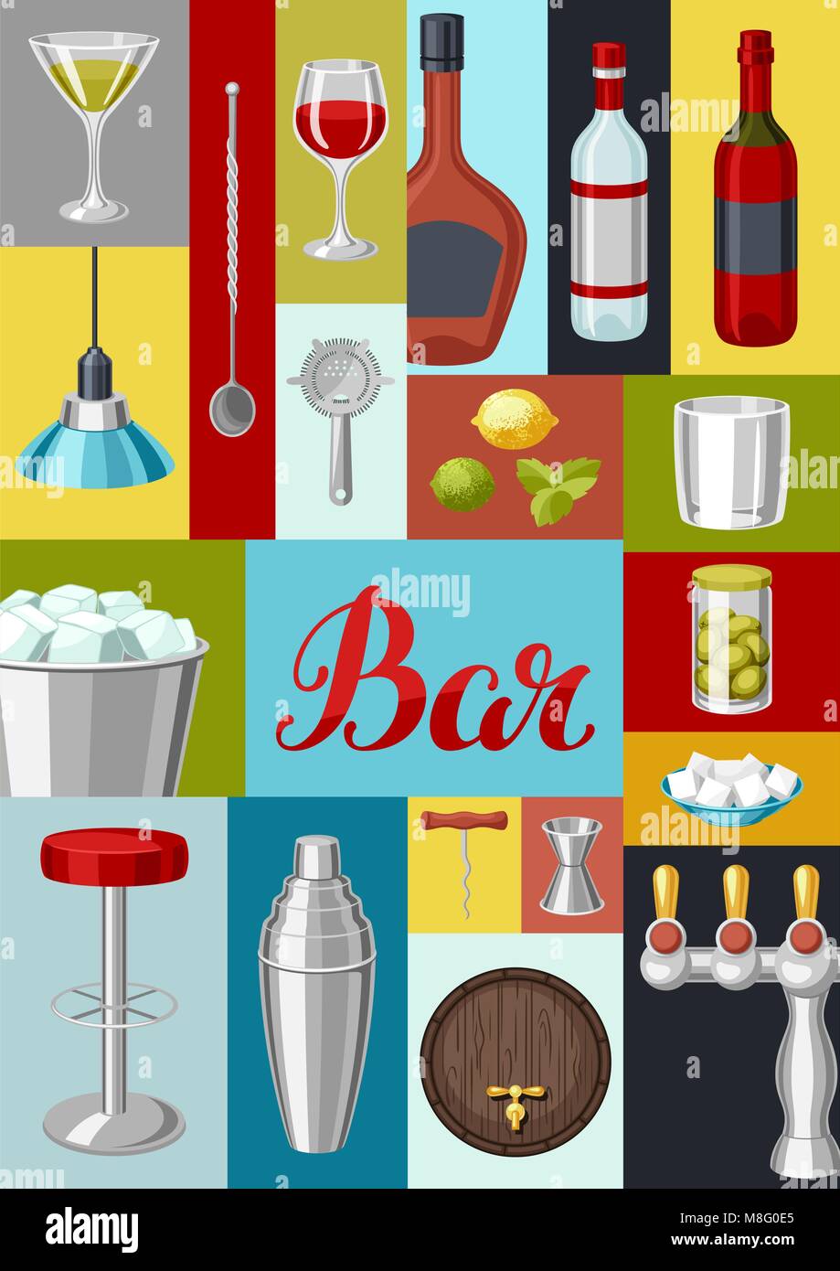 Cocktail bar Hintergrund. Wichtige Tools, Gläser, Mixer und Beilagen. Stock Vektor