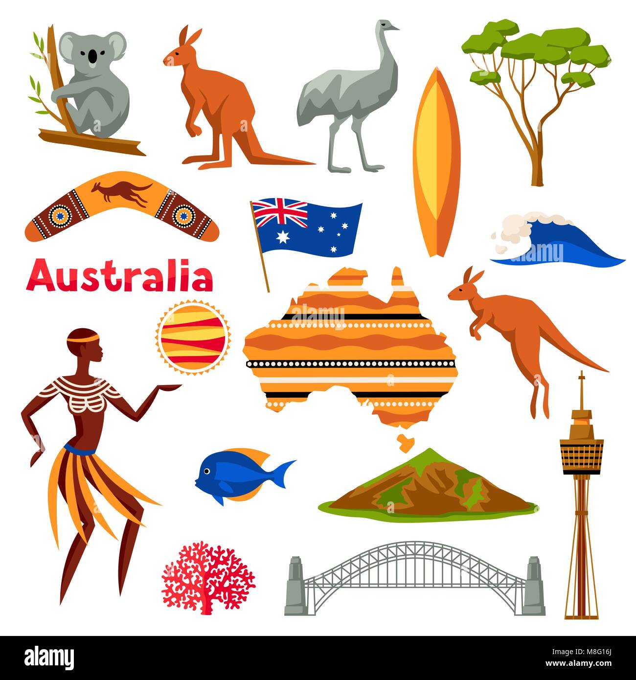 Australien Symbole gesetzt. Australische traditionelle Symbole und Objekte Stock Vektor