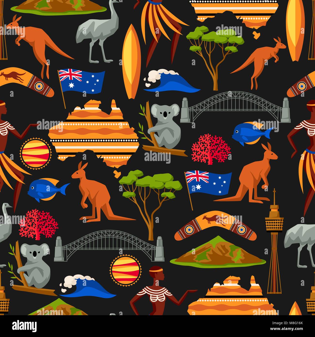 Australien nahtlose Muster. Australische traditionelle Symbole und Objekte Stock Vektor
