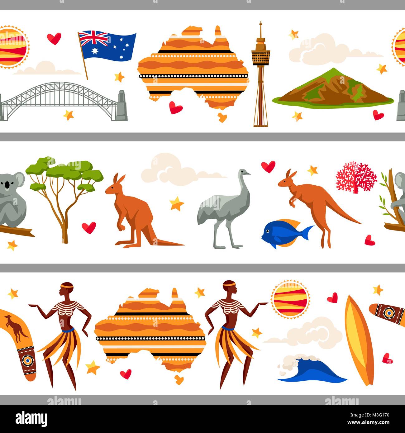 Australien nahtlose Grenzen. Australische traditionelle Symbole und Objekte Stock Vektor
