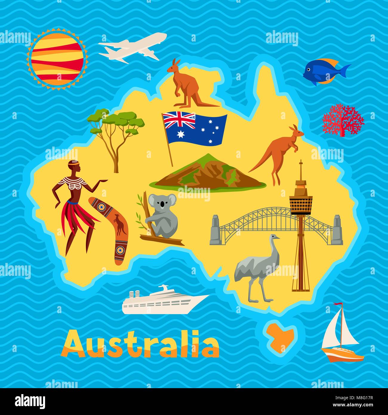 Australien Map Design. Australische traditionelle Symbole und Objekte Stock Vektor