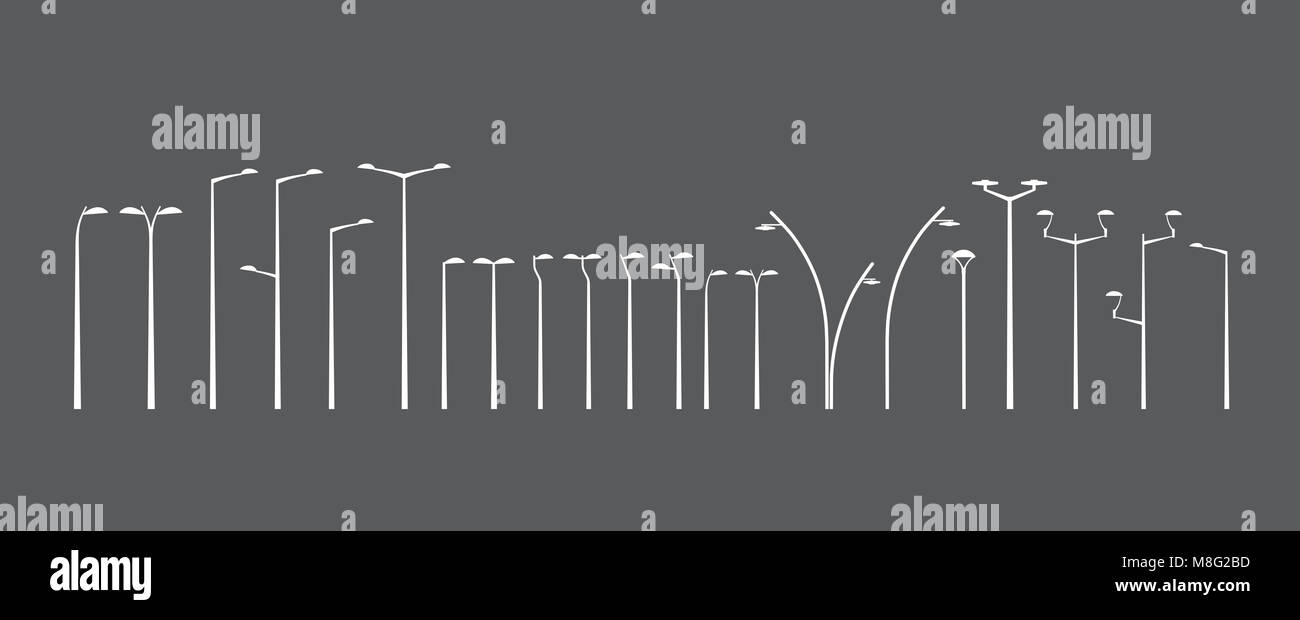 Verschiedene Straßenlaternen Designs auf grauem Hintergrund Stockfoto