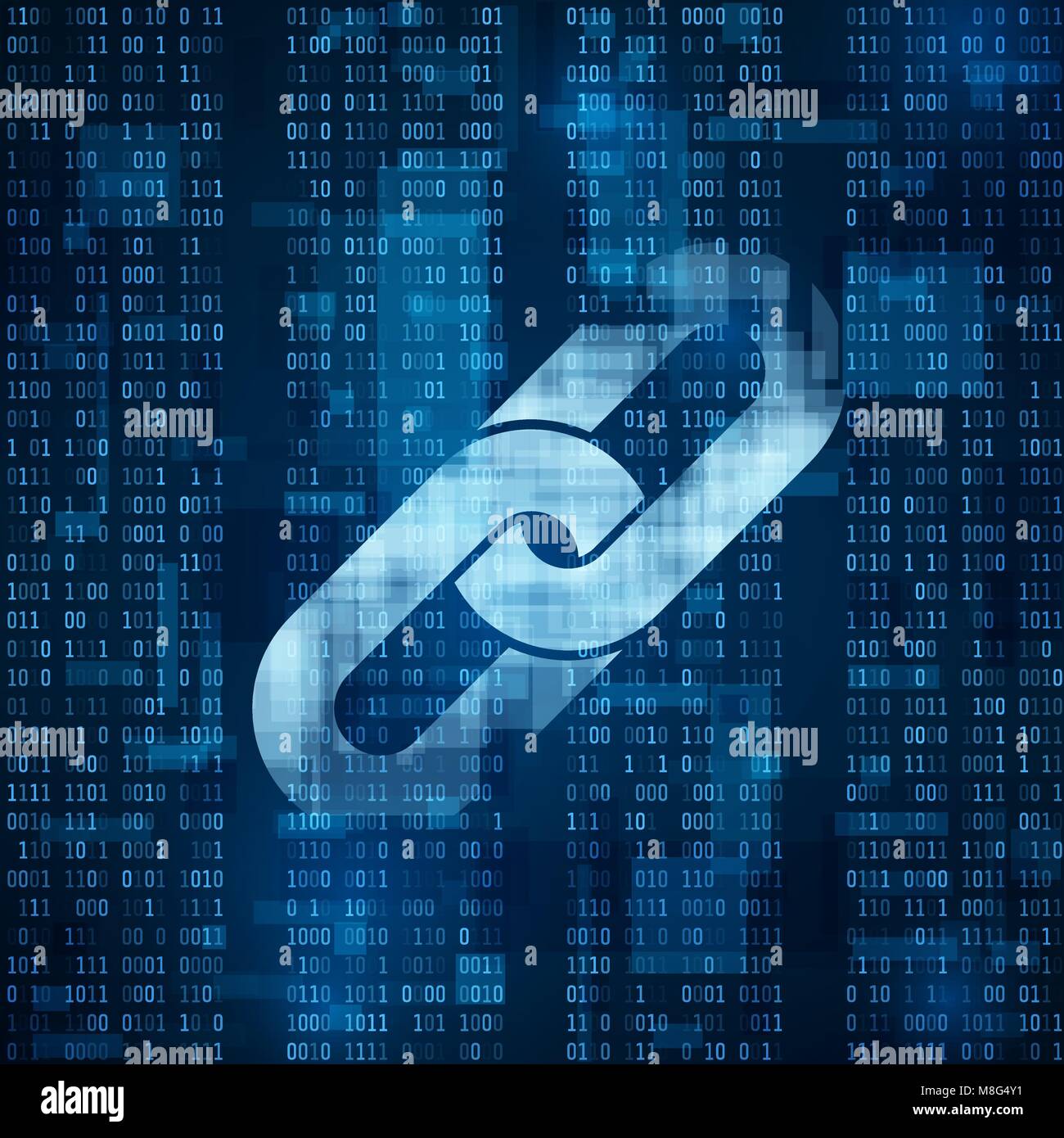 Blockchain hyperlink Symbol auf der binäre Code. Abstrakt Blau matrix Hintergrund. Anzahl Big Data Flow Informationen. Cryptocurrency Finance Business Konzept Stock Vektor
