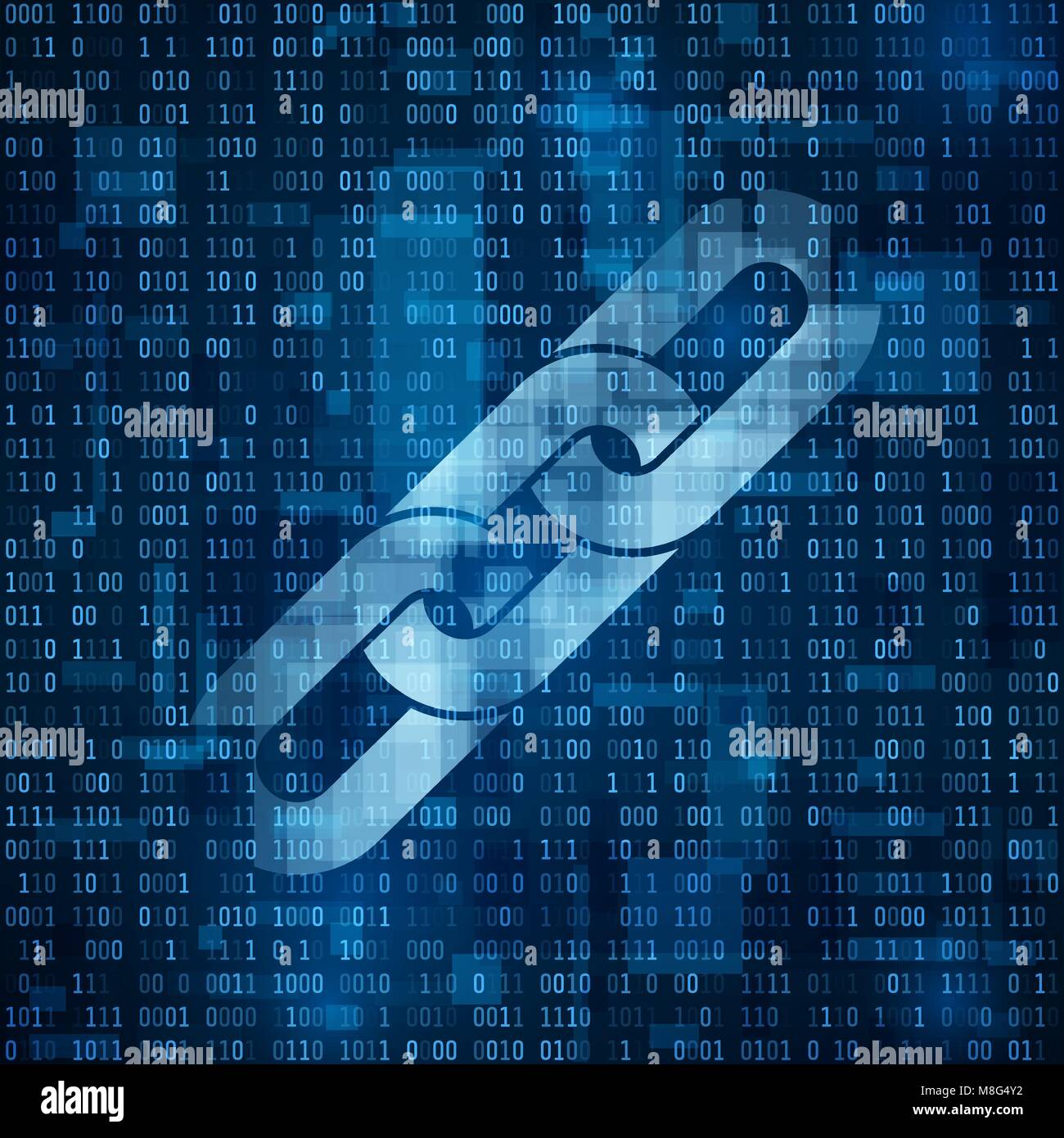 Kette Symbol. Blockchain hyperlink Symbol auf der binäre Code. Abstrakt Blau matrix Hintergrund. Anzahl Big Data Flow Informationen. Und blockc Cryptocurrency Stock Vektor