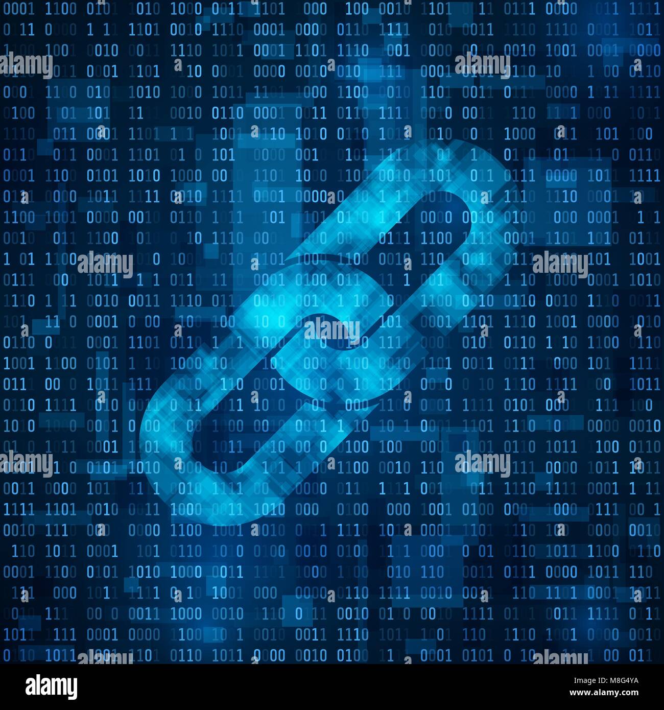 Blockchain hyperlink Symbol auf der binäre Code. Kettensymbol auf abstrakten Blue Matrix Hintergrund. Anzahl Big Data Flow Informationen. Cryptocurrency und Bloc Stock Vektor