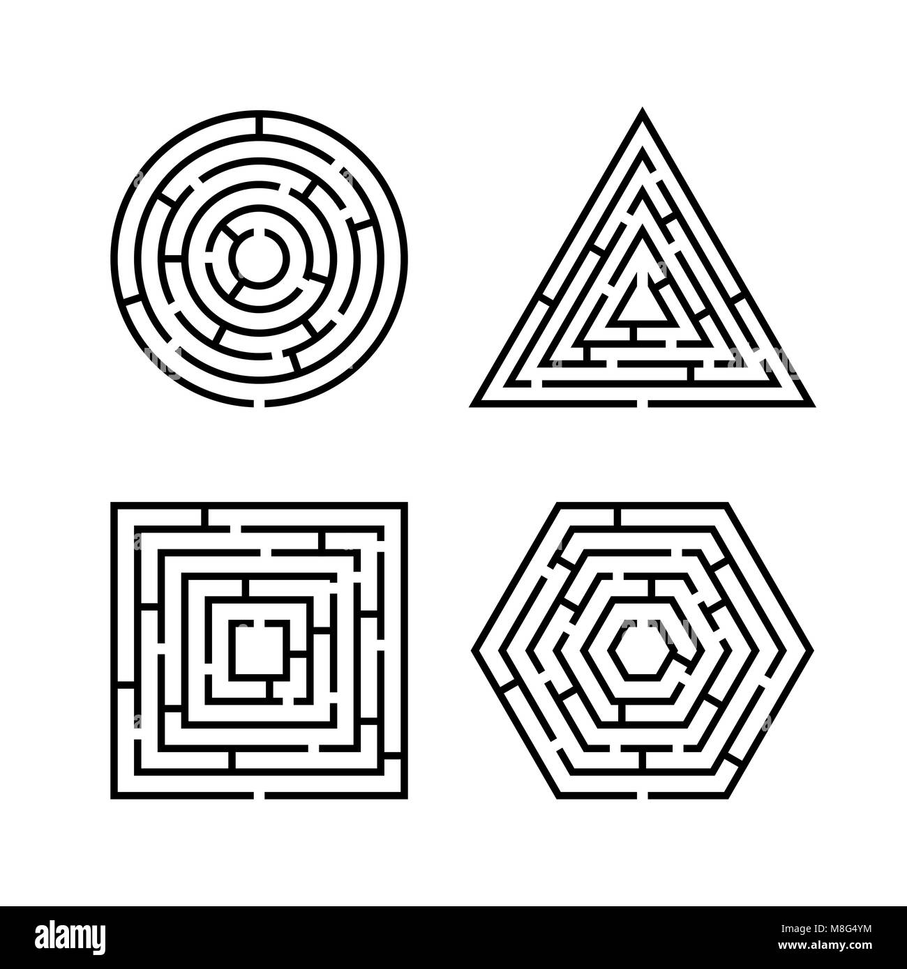 Satz von Labyrinth unterschiedliche Formen für Spiel. Labyrinth quadratisch, rund, sechskant und Dreieck Puzzle Rätsel Logik Spiel Konzept. Unternehmen anmelden. Vektor Lllustrat Stock Vektor