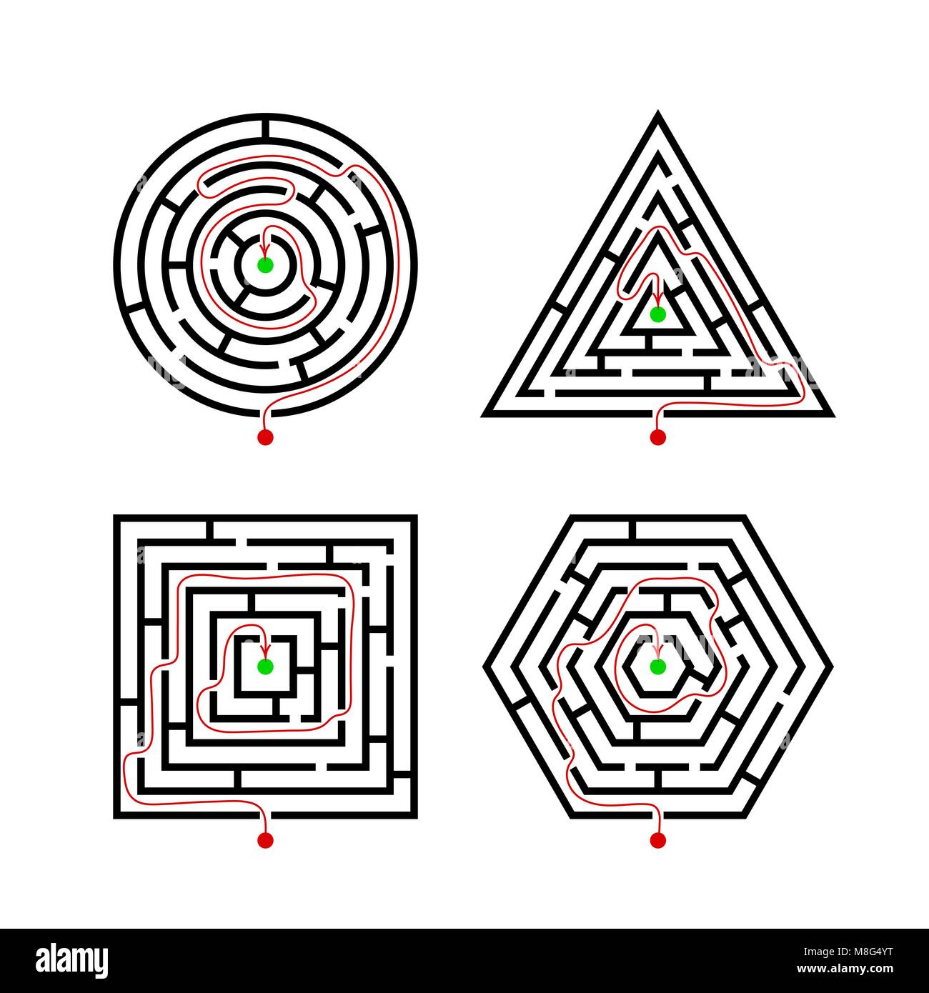 Satz von Labyrinth unterschiedliche Formen für Spiel mit mit dem Marker richtige Route. Labyrinth quadratisch, rund, sechskant und Dreieck Puzzle Rätsel Logik Spiel conce Stock Vektor