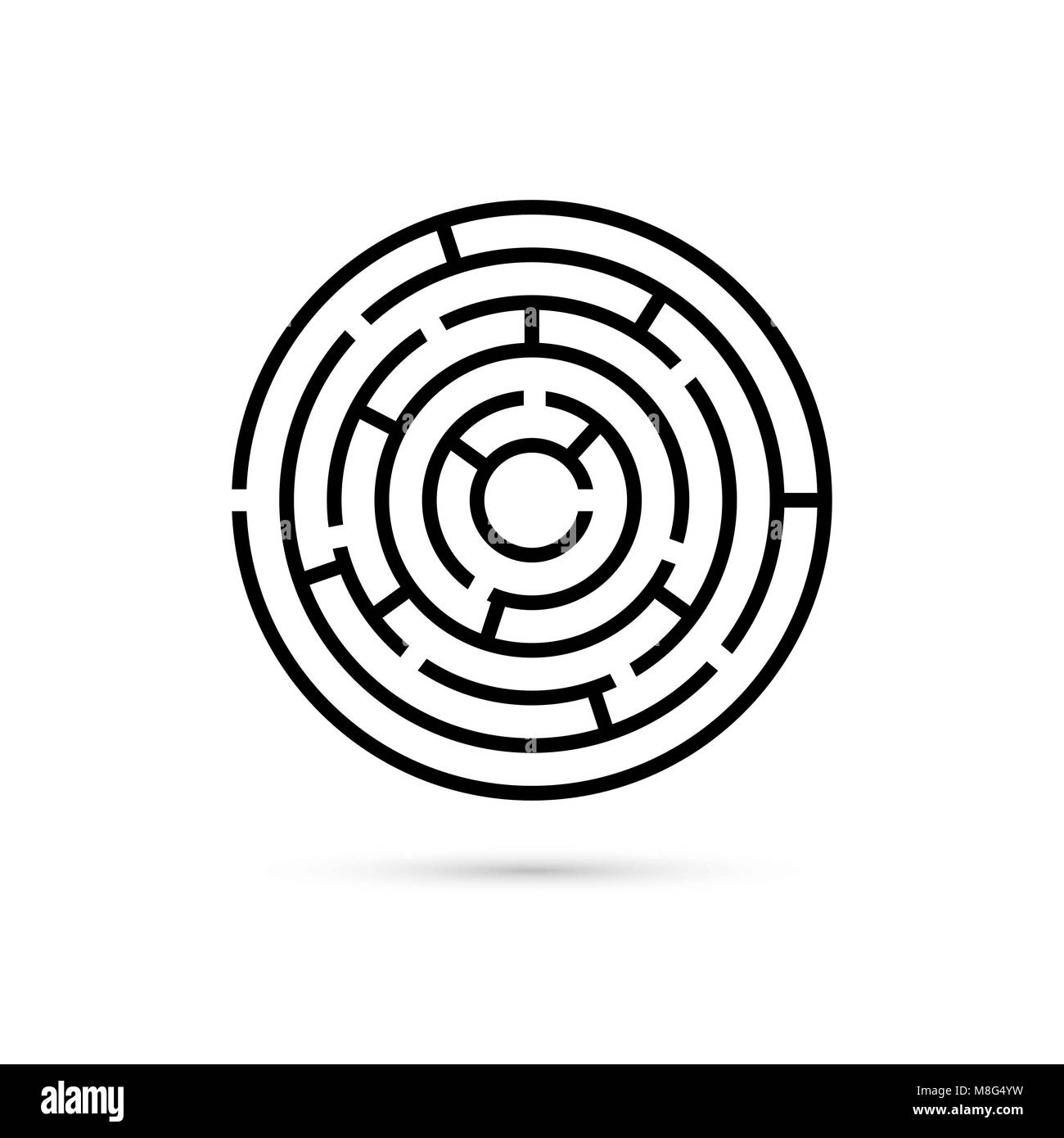 Kreisförmiges Labyrinth mit Weg zur Mitte. Business Verwirrung und Lösungskonzept. Flache Bauform. Vector Illustration auf weißem Hintergrund Stock Vektor