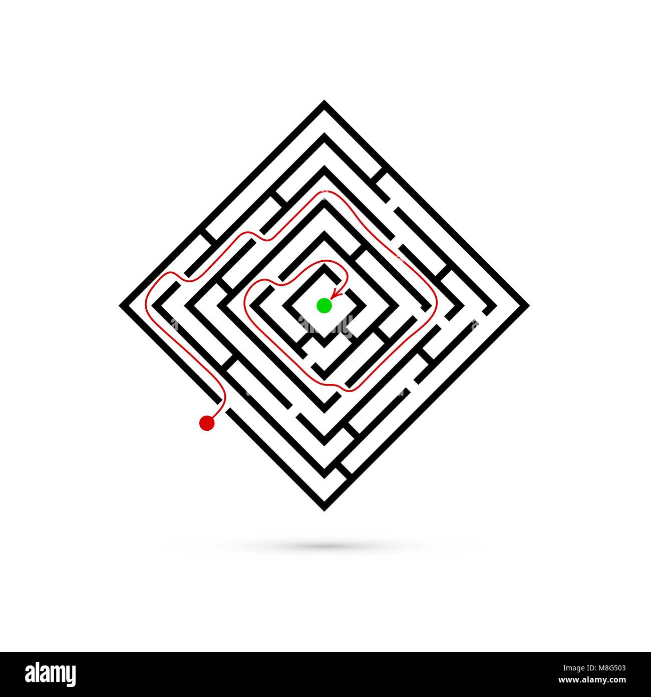 Rechteck Labyrinth mit Weg zur Mitte. Logik Spiel. Business Verwirrung und Lösungskonzept. Flache Bauform. Vector Illustration auf weißem Hintergrund Stock Vektor
